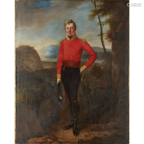 ENGLISH SCHOOL C.1800 FULL LENGTH PORTRAIT OF A FIELD OFFICER IN THE BRITISH INFANTRY Oil on