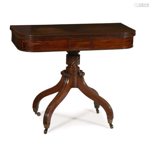 REGENCY MAHOGANY FOLD-OVER TEA TABLE EARLY 19TH CENTURY the D shaped fold-over top with a reeded