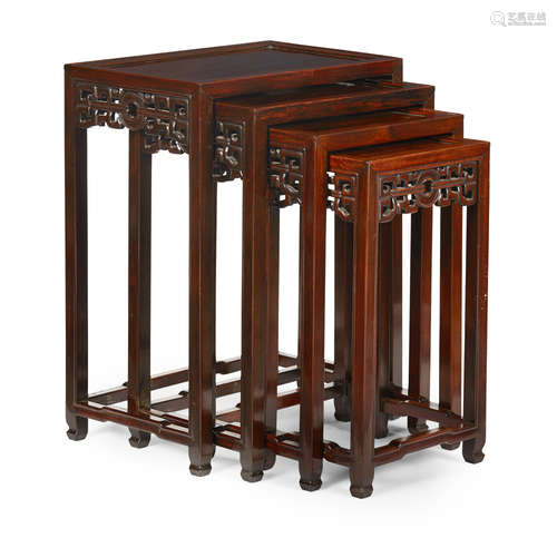 SET OF CHINESE ROSEWOOD QUARTETTO TABLES EARLY 20TH CENTURY the rectangular inset panel moulded tops