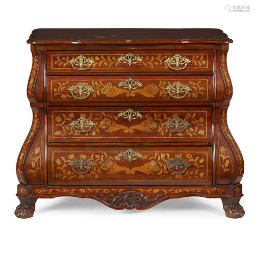 DUTCH MARQUETRY BOMBE CHEST OF DRAWERS 18TH CENTURY the shaped top with a moulded edge and flowering