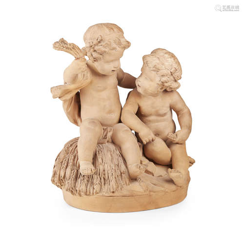 FRENCH TERRACOTTA FIGURE GROUP LATE 19TH CENTURY modelled as two seated putti holding wheat sheaves,