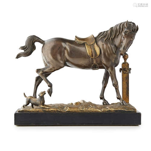 CONTINENTAL ANIMALIER BRONZE FIGURE GROUP OF A HORSE AND DOG 20TH CENTURY mixed brown and gold