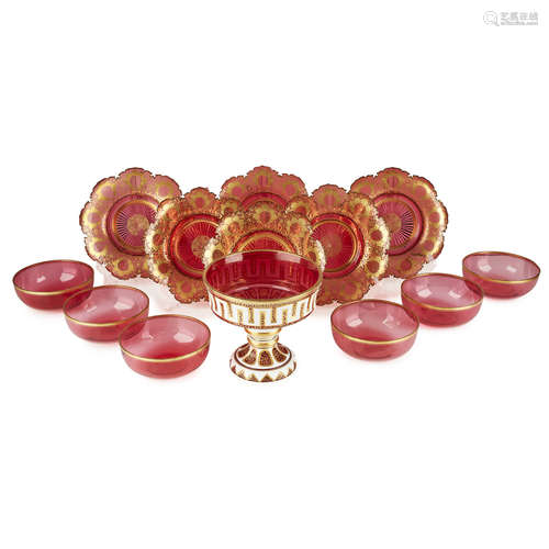 GROUP OF BOHEMIAN CRANBERRY GLASS WARES 19TH CENTURY comprising a white-overlaid and gilded tazza,