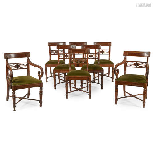 SET OF EIGHT REGENCY MAHOGANY AND SATINWOOD DINING CHAIRS EARLY 19TH CENTURY comprising six side