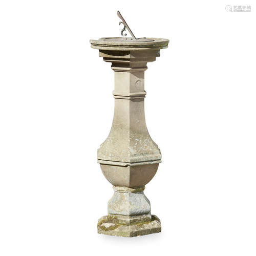 BRONZE SUNDIAL AND SANDSTONE PEDESTAL 19TH CENTURY the dial with an S scroll support, on a