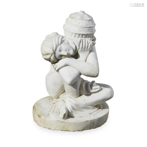 WHITE MARBLE FIGURE OF AN ODALISQUE 19TH CENTURY carved as a crouching woman with a basket on her