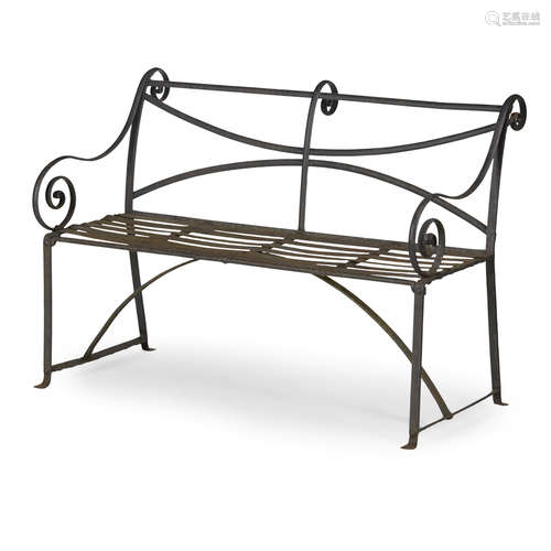 EARLY VICTORIAN WROUGHT IRON GARDEN BENCH EARLY 19TH CENTURY with scroll back and arms above a