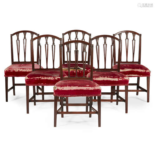 SET OF SIX GEORGE III MAHOGANY DINING CHAIRS LATE 18TH CENTURY in the Hepplewhite style, the