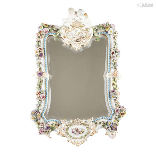 DRESDEN PORCELAIN MIRROR EARLY 20TH CENTURY the shaped bevelled mirror plate in a bead moulded and