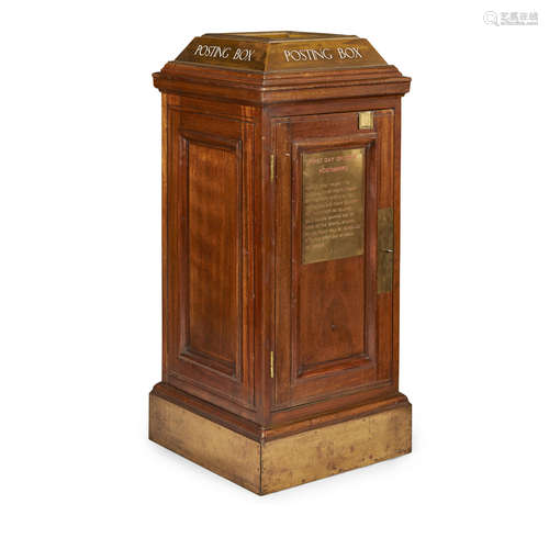 LARGE BRASS MOUNTED OAK PILLAR POST BOX 1920S of square column form with moulded panel sides, the