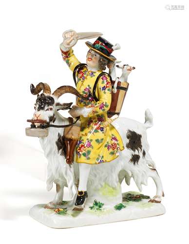 SCHNEIDER AUF ZIEGENBOCK. Meissen. vor 1924. Modell J.J. Kaendler. Porzellan, farbig und gold