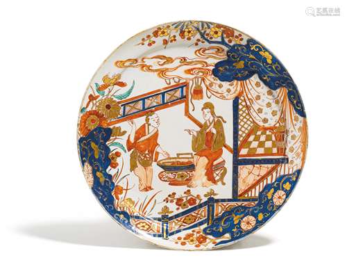 TELLER MIT CHINOISERIE. Delft. Um 1701-22. De Grieksche A. Beiger Scherben, weiße Glasur mit