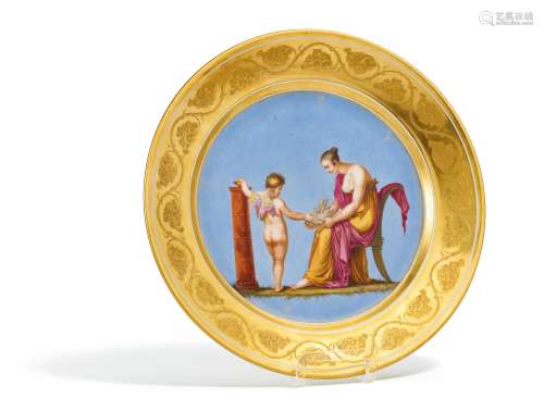 TELLER 'LES PLAISIRS DE LA CONSTANCE'. Frankreich. Um 1900. Porzellan, farbig und gold staffiert.