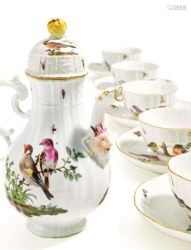 KAFFEESERVICE MIT VOGELPAAREN. Meissen. Um 1760. Porzellan, farbig und gold dekoriert. Insgesamt