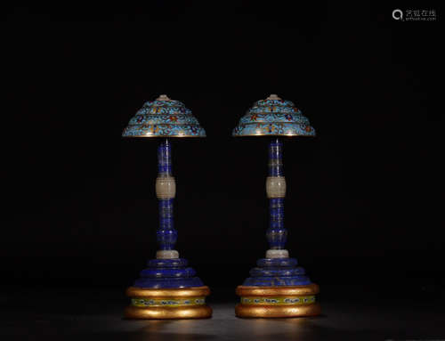 A PAIR OF ENAMELED HETIAN JADE HAT RACKS