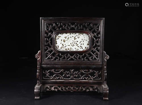 A WHITE HETIAN JADE SCREEN WITHIN ZITAN WOOD FRAME