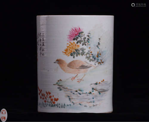 A SHALLOW GLAZE FLORAL&BIRD PATTERN PEN HOLDER