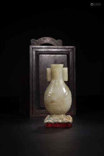 A HETIAN JADE EAR VASE WITH WRITTEN POETRY AND MARKING