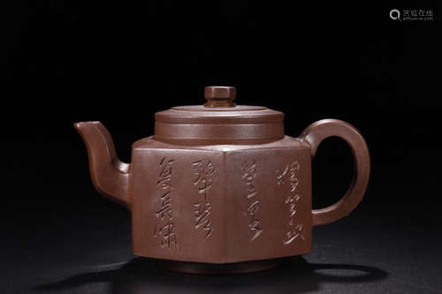 A HEXAGONAL ZISHA TEAPOT WITH WRITTEN POETRY AND MARKING