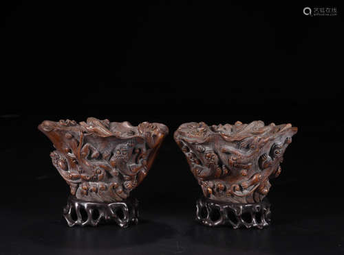 A PAIR OF BAMBOO CUPS WITH CHILONG PATTERNS