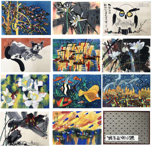 ELEVEEN PAGES OF CHINESE ALBUM PAINTING OF ANIMAL AND FLOWER BY HUANG YONGYU