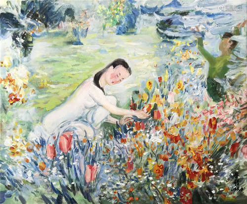 CHINESE OIL PAINTING OF BEAUTY AND FLOWER ON CANVAS BY LI PU