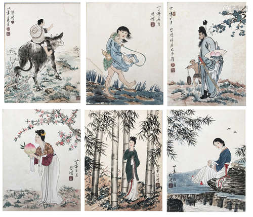 SIX PAGES OF CHINESE ALBUM PAINTING OF FIGURES BY XU BEIHONG