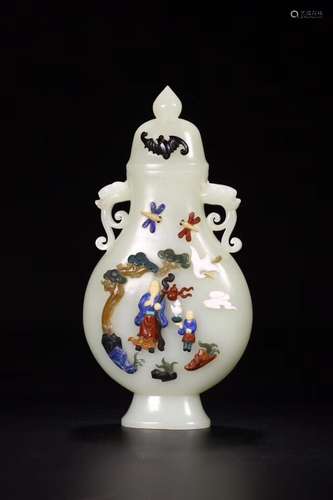 A JADE INLAID GEM VASE AND COVER