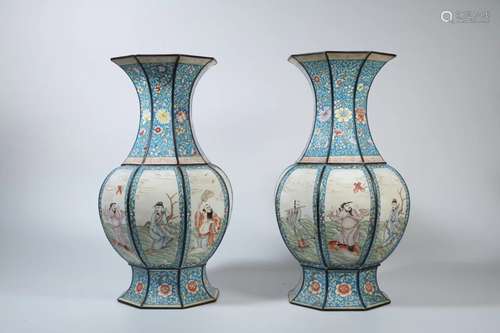 A PAIR OF PAINTED ENAMEL BRONZE VASES