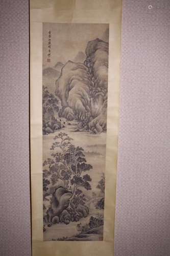 A CHINESE INK SCROLL PAINTING OF LANDSCAPE