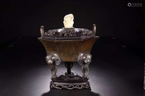 A BRONZE TRIPD CENSER, AND COVER