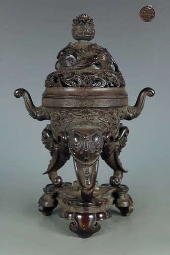 A BRONZE CARVED TRIPOD CENSER, QIANLONG MARK