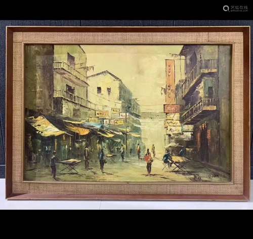 AN OIL PAINTING OF HONGKONG STREE SCENE