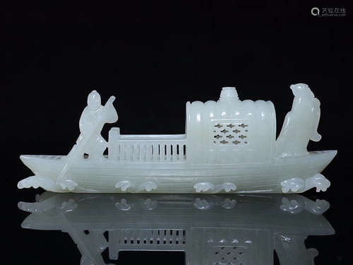 A JADE FISHING BOAT SHAPED ORNAMENT