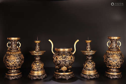 17-19TH CENTURY, A SET OF DRAGON PATTERN BRONZE SACRIFICIAL VESSEL, QING DYNASTY