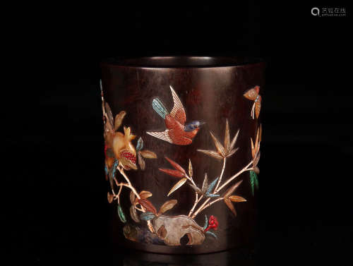 A ZITAN WOOD PEN HOLDER OF FLORAL&BIRD PATTERN DECORATED