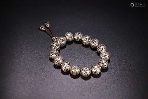 A STRING OF STORY DESIGN TIBETAN PURE SILVER BEADS BRACELET