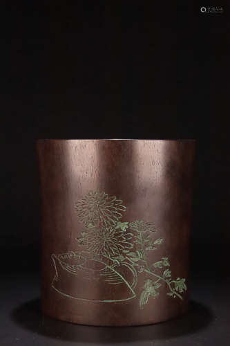 17-19TH CENTURY, A FLORAL PATTERN ROSEWOOD BRUSH POT, QING DYNASTY