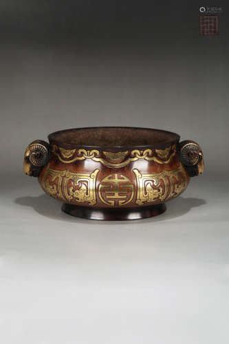 14-16TH CENTURY, A DRAGON PATTERN DOUBLE-EARS BRONZE STOVE, MING DYNASTY