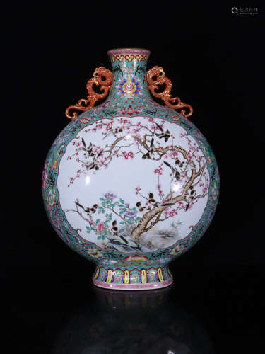 A FLORAL&BIRD DESIGN DOUBLE EARS ENAMEL VASE.