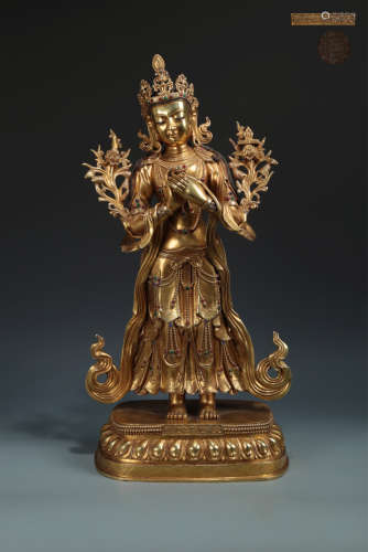 17-19TH CENRUTY, A BUDDHA DESIGN GILT BRONZE ORNAMENT, QING DYNASTY