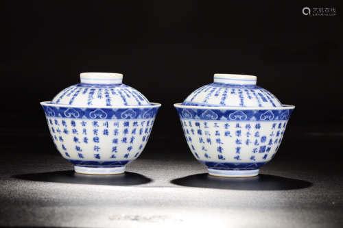 17-19TH CENTURY, A PAIR OF BLUE&WHITE PEOM DESIGN COVERED BOWLS, QING DYNASTY.