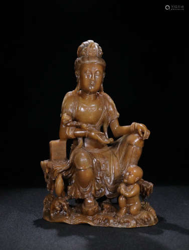 A SHOUSHAN STONE GUANYIN SHAPED ORNAMENT