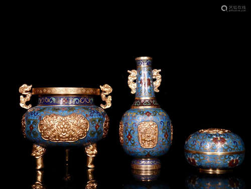 A SET OF CLOISONNE VASE&CENSER&BOX