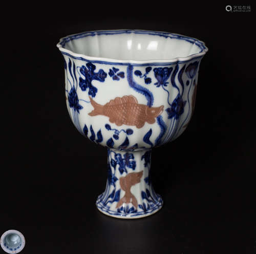 A TALL BLUE AND WHITE PORCELAIN BOWL WITH ALGAE PATTERNS AND XUANDE MARKING