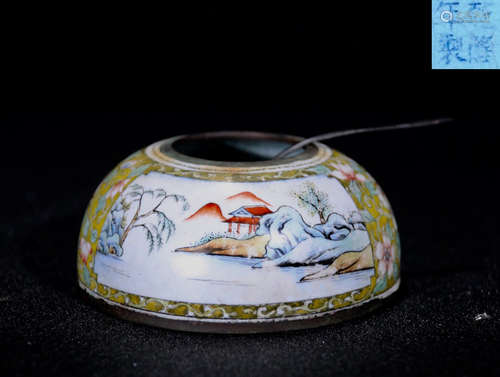 A QIANLONG MARK CLOISONNE WASHER WITH LANDSCAPE PATTERN