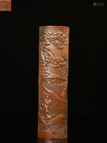 A BAMBOO ARM REST CARVED LANDSCAPE PATTERN