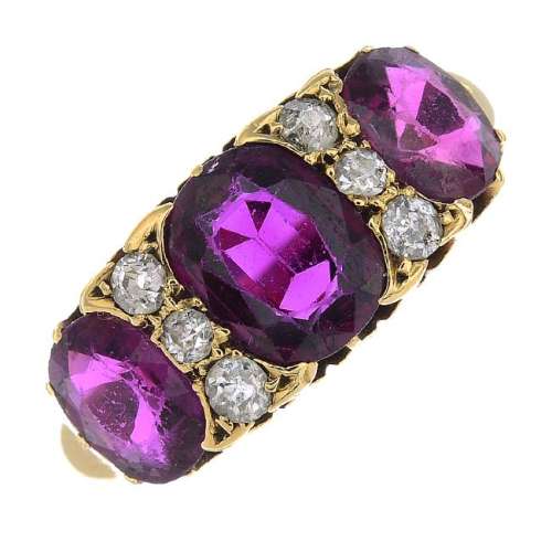 A late Victorian 18ct gold Thai ruby three-stone and