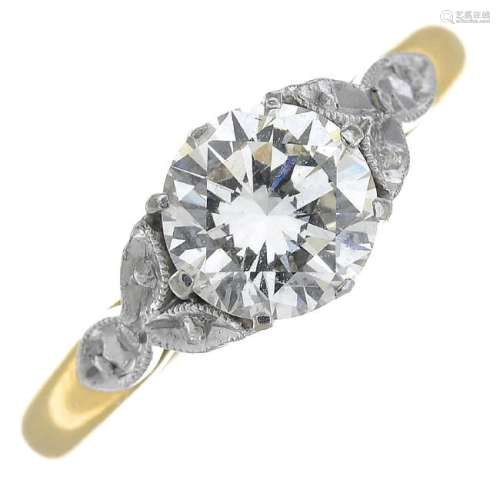 A diamond single-stone ring. The brilliant-cut diamond,