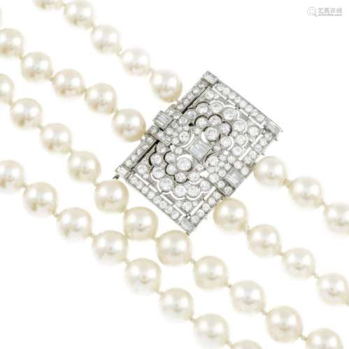 A cultured pearl necklace, with diamond Art Deco clasp.